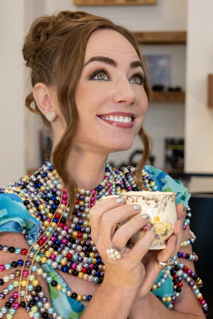 Bead emblazoned dress on Julia Robinson, a solo jazz artist in Houston, TX.